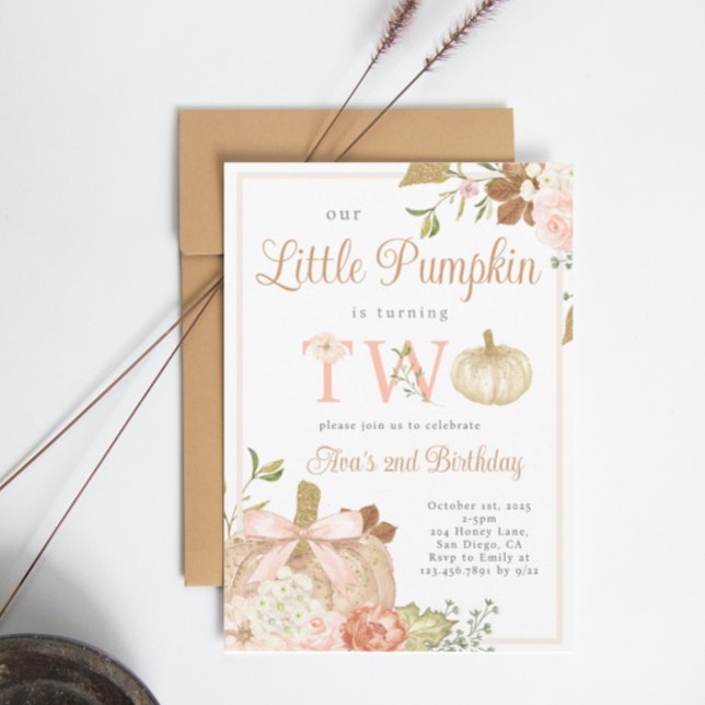 Aquarellpinke Unser kleiner Pumpkin 2. Geburtstag Einladung (Von Creator hochgeladen)