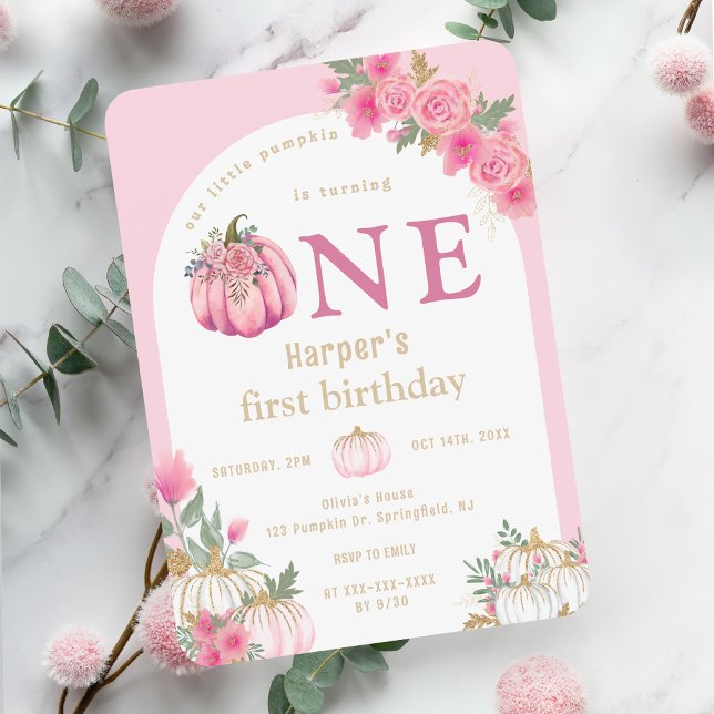 Aquarellpinke Unser kleiner Pumpkin Floral Geburts Einladung (Von Creator hochgeladen)