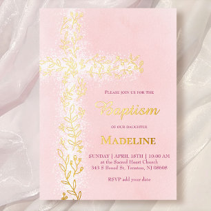 Aquarellpinke, weißes Goldkreuz Taufe Folieneinladung