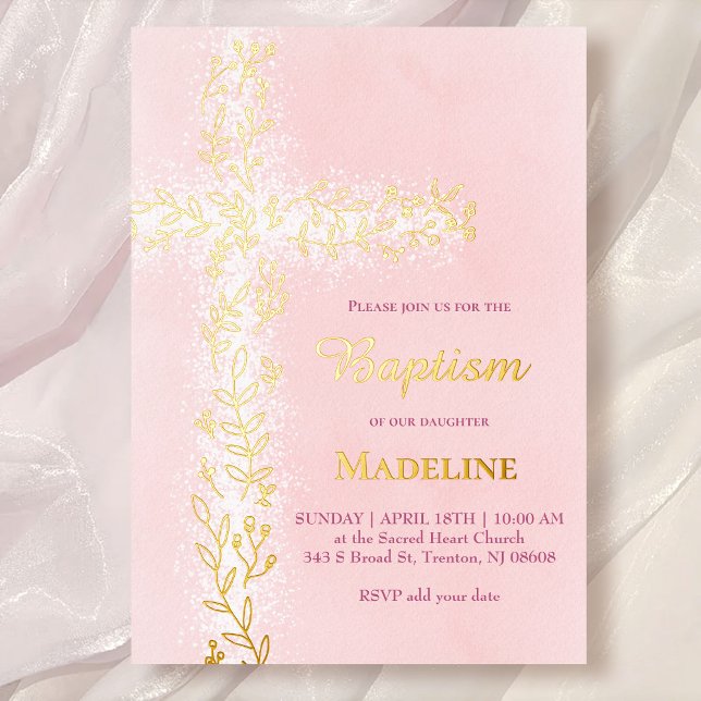 Aquarellpinke, weißes Goldkreuz Taufe Folieneinladung (Von Creator hochgeladen)