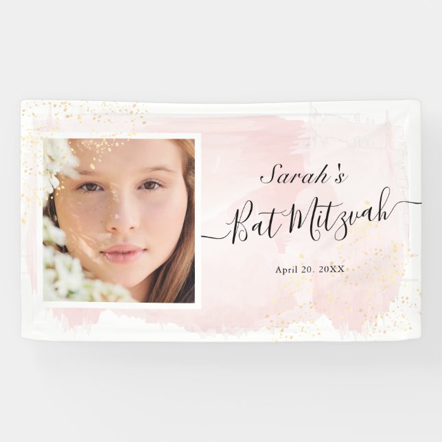 Aquarellpinke x Gold Foto Bat Mitzvah Banner (Horizontal)