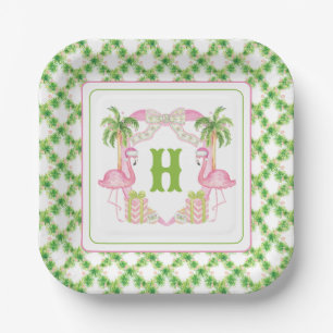 Aquarellpinken Flamingo Monogram Wappen Weihnachte Pappteller