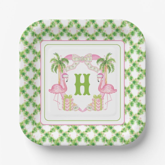 Aquarellpinken Flamingo Monogram Wappen Weihnachte Pappteller (Vorderseite)