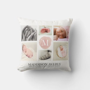 Aquarellpinken Ombre Monogram Foto Collage Girl Kissen
