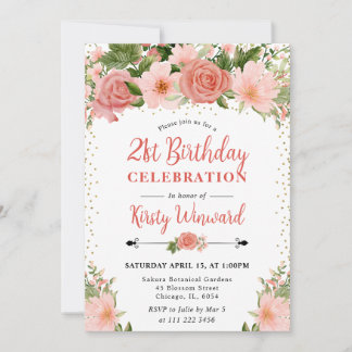 Aquarellpinken Rosen Blume 21. Geburtstag Einladung