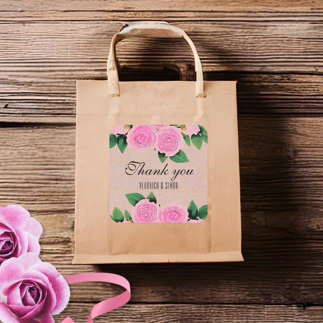 Aquarellpinken Rosen Vielen Dank für Ihre Hochzeit Quadratischer Aufkleber (Von Creator hochgeladen)