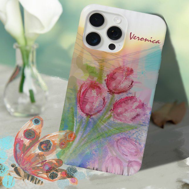 Aquarellpinsel iPhone 15 Pro Max Hülle (Watercolor Pink Tulip iPhone Case)