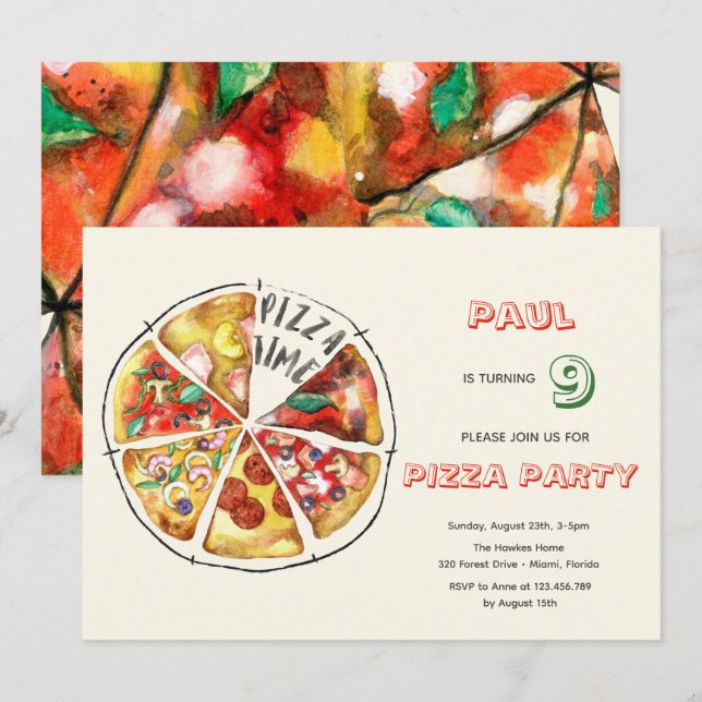 Aquarellpizza Party Geburtstag Einladung (Vorne/Hinten)