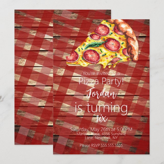 Aquarellpizza Slices Birthday Party Script B Einladung (Vorne/Hinten)