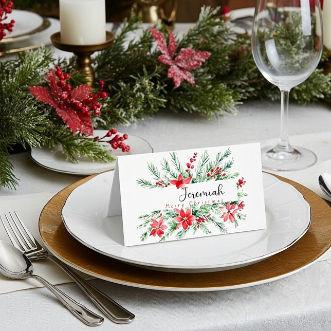 Aquarellpoinsettia und Grünpflanzen Weihnachten Platzkarte (Von Creator hochgeladen)