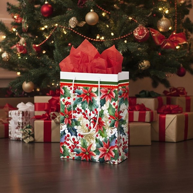 Aquarellpoinsettie und Weihnachtsmuster Mittlere Geschenktüte (Von Creator hochgeladen)