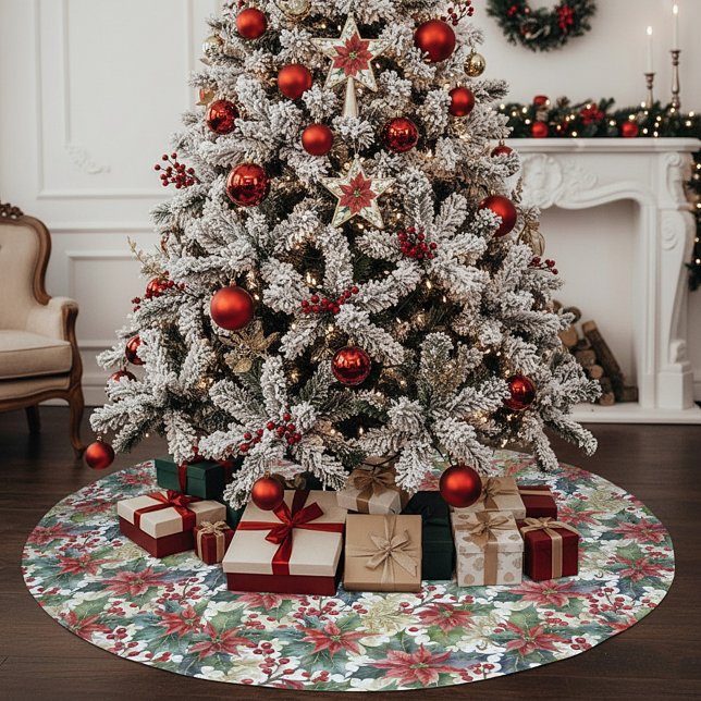 Aquarellpoinsettie und Weihnachtsmuster Polyester Weihnachtsbaumdecke (Von Creator hochgeladen)