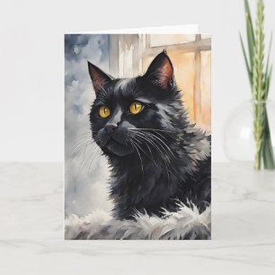 Aquarellporträt einer schwarzen Katze vor Fenstern Karte