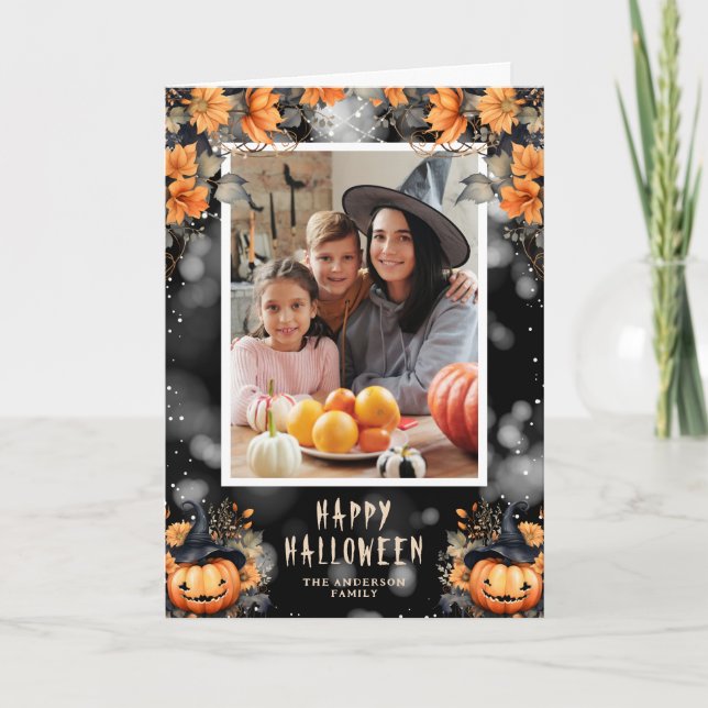 Aquarellpumpen Familienfeuer Foto Happy Halloween Karte (Vorderseite)