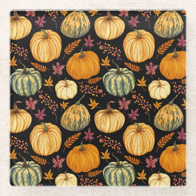 Aquarellpumpen: Herbst Nahtloses Muster. Glasuntersetzer (Vorderseite)