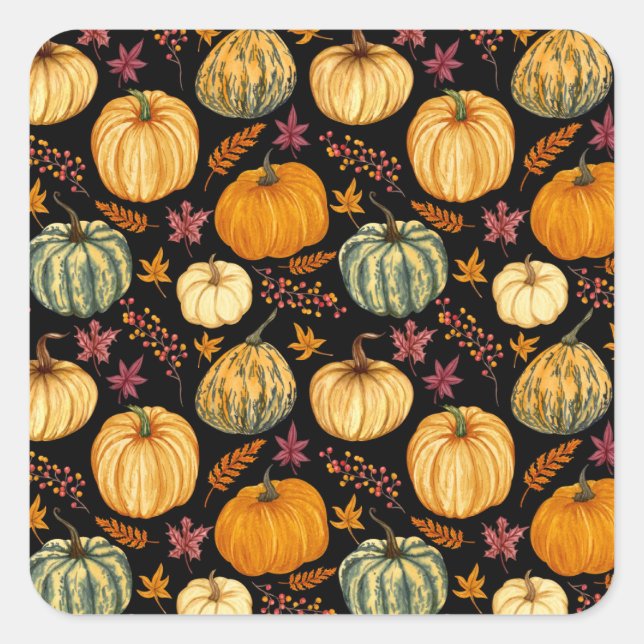 Aquarellpumpen: Herbst Nahtloses Muster. Quadratischer Aufkleber (Vorderseite)
