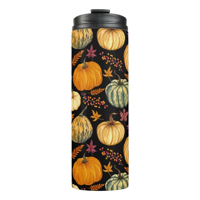 Aquarellpumpen: Herbst Nahtloses Muster. Thermosbecher (Vorderseite)