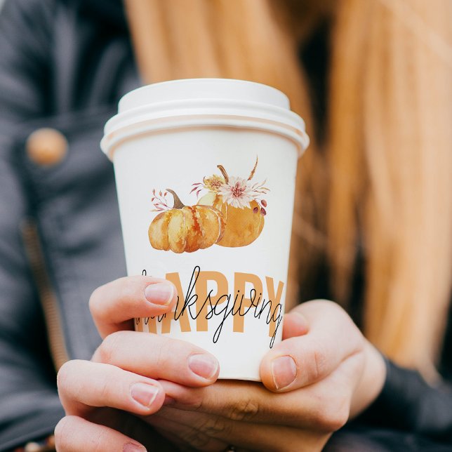 Aquarellpumpen & Orange Happy Thanksgiving Pappbecher (Von Creator hochgeladen)