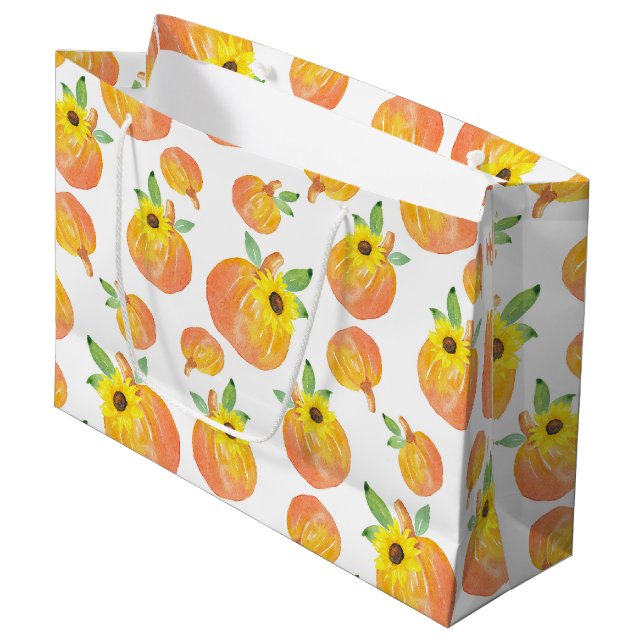 Aquarellpumpen und Sonnenblumen Große Geschenktüte (Vorderseite Schrägansicht)