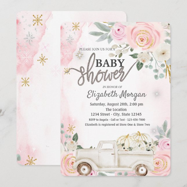 Aquarellpumpenwagen, Blume Kinderschuh Einladung (Vorne/Hinten)