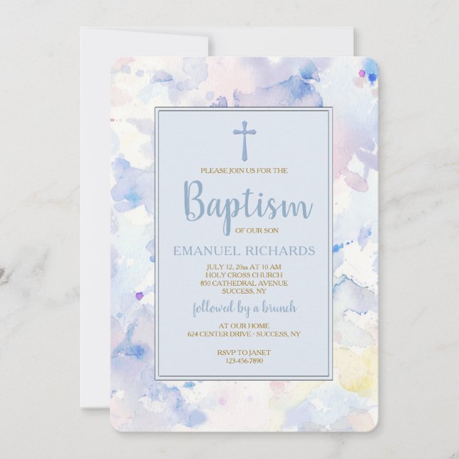 Aquarellrahmen Blau Religiöse Einladung (Vorderseite)