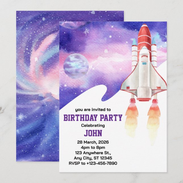 Aquarellraum Galaxy Astronaut Geburtstag Einladung (Vorne/Hinten)