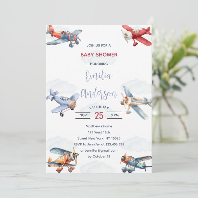 Aquarellraumflugzeug Wolken Kinderdusche Einladung (Stehend Vorderseite)