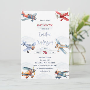 Aquarellraumflugzeug Wolken Kinderdusche Einladung