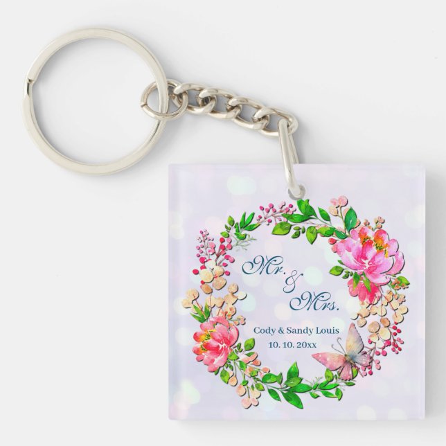 Aquarellrosa Blüten- und Schmetterlingsfeder Schlüsselanhänger (Vorderseite)