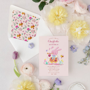 Aquarellrosa Hase im Kindergeburtstag Einladung