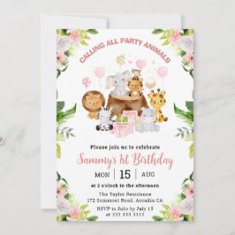 Aquarellrosa Jungle Tiere Kindergeburtstag Einladung