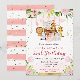 Aquarellrosa Jungle Tiere Kindergeburtstag Einladung
