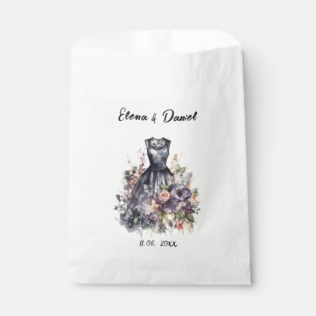 Aquarellrosa Lavendel Rose Schwarzes Kleid Hochzei Geschenktütchen (Vorderseite)