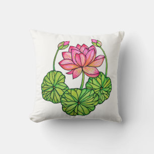 Aquarellrosa Lotus mit Buds & Blätter Kissen