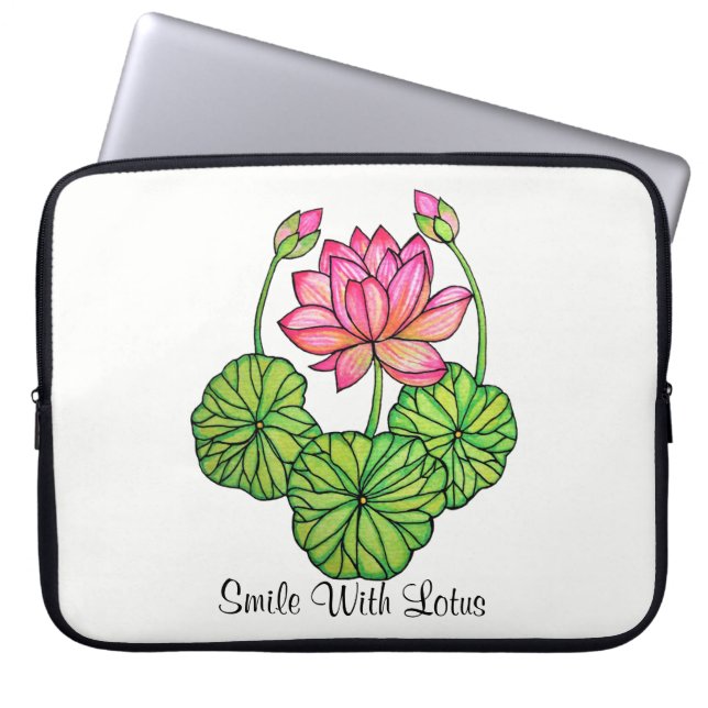 Aquarellrosa Lotus mit Buds & Blätter Laptopschutzhülle (Vorderseite)