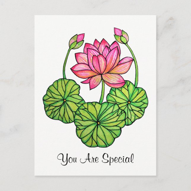 Aquarellrosa Lotus mit Buds & Blätter Postkarte (Vorderseite)