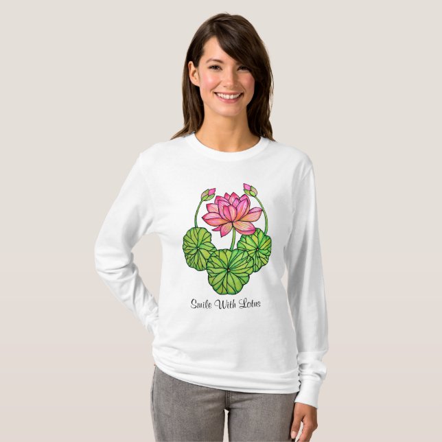 Aquarellrosa Lotus mit Buds & Blätter T-Shirt (Vorne ganz)