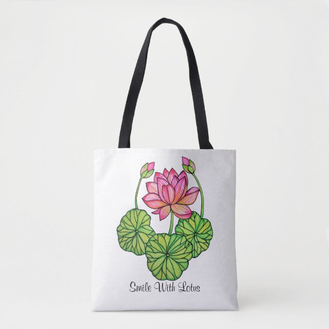 Aquarellrosa Lotus mit Buds & Blätter Tasche (Vorderseite)