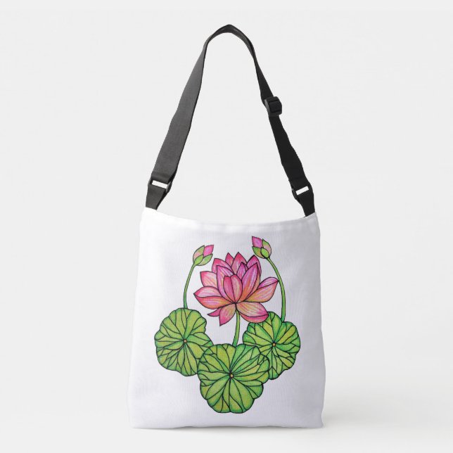 Aquarellrosa Lotus mit Buds & Blätter Tragetaschen Mit Langen Trägern (Vorderseite)
