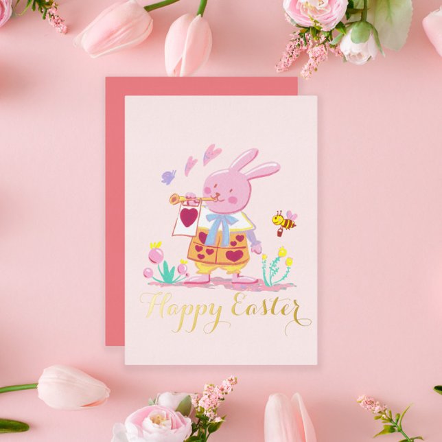 Aquarellrosa Osterhase im Garten Folien Feiertagskarte (Von Creator hochgeladen)
