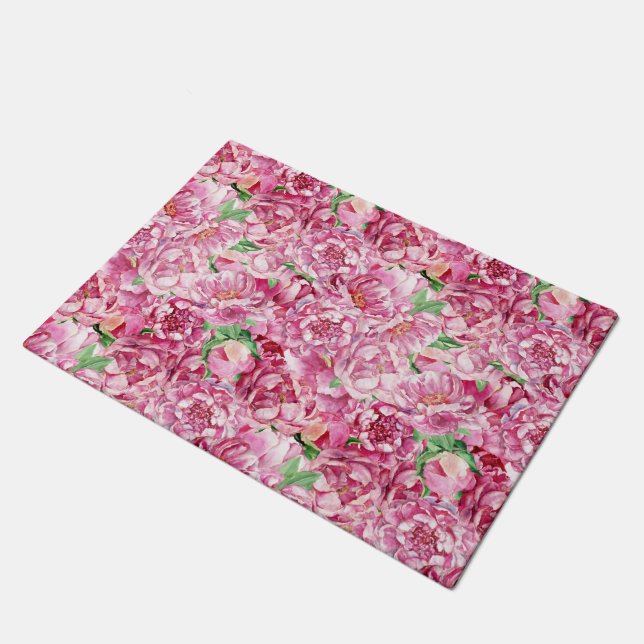 Aquarellrosa-Peonies Fußmatte (Schrägansicht)