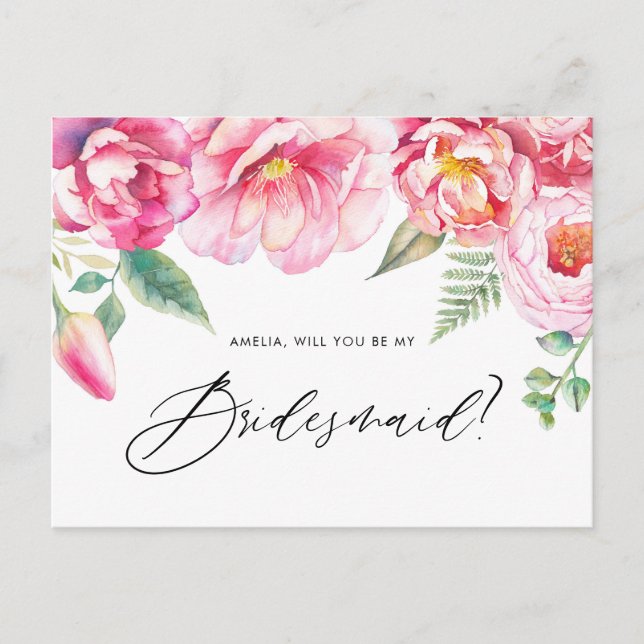 Aquarellrosa-Peonies werden Sie meine Bridesmaid s Einladungspostkarte (Vorderseite)