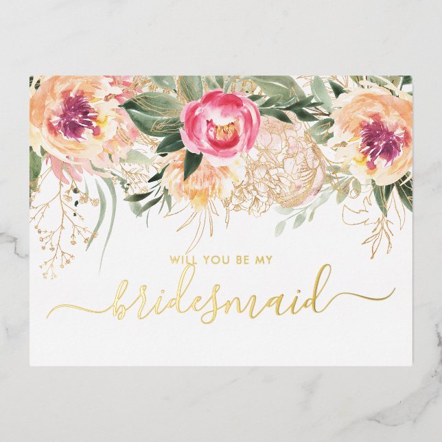 Aquarellrosa-Peonies werden Sie meine Bridesmaid s Folie Einladungspostkarte (Vorderseite)