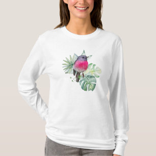 Aquarellrosa Robin mit tropischen Blätter T-Shirt