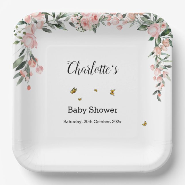 Aquarellrosa Rosen mit Schmetterlingen Kinderdusch Pappteller (Vorderseite)