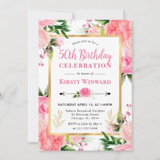 Aquarellrosa Sommerrosen Blume 50. Geburtstag Einladung
