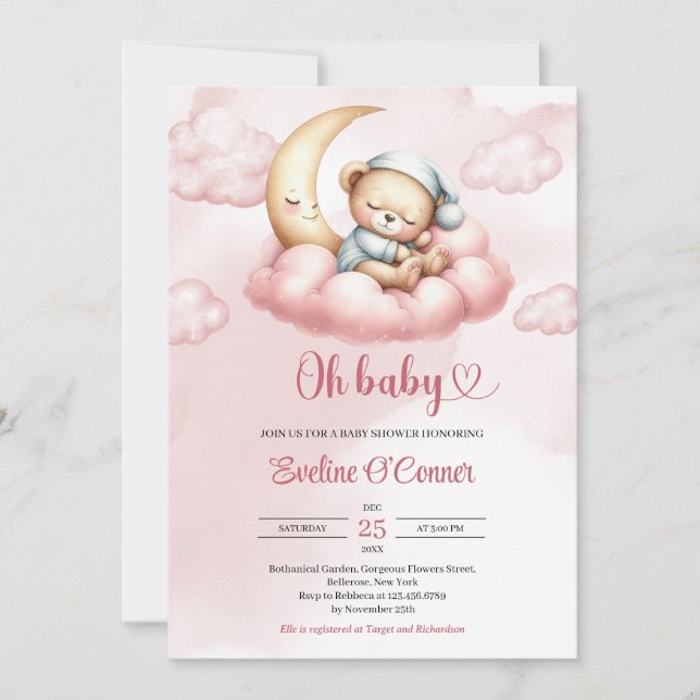 Aquarellrosa Teddybär, der über dem Mond schläft Einladung (Vorderseite)