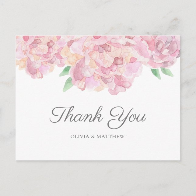 Aquarellrosa-Toronies. Gartenhochzeit Danke Postkarte (Vorderseite)