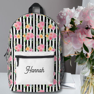 Aquarellrosen auf schwarzen und weißen Streifen  Bedruckter Rucksack