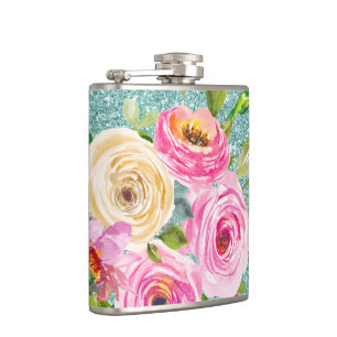 Aquarellrosen in Pink und Creme mit Aqua-Glitter Flachmann